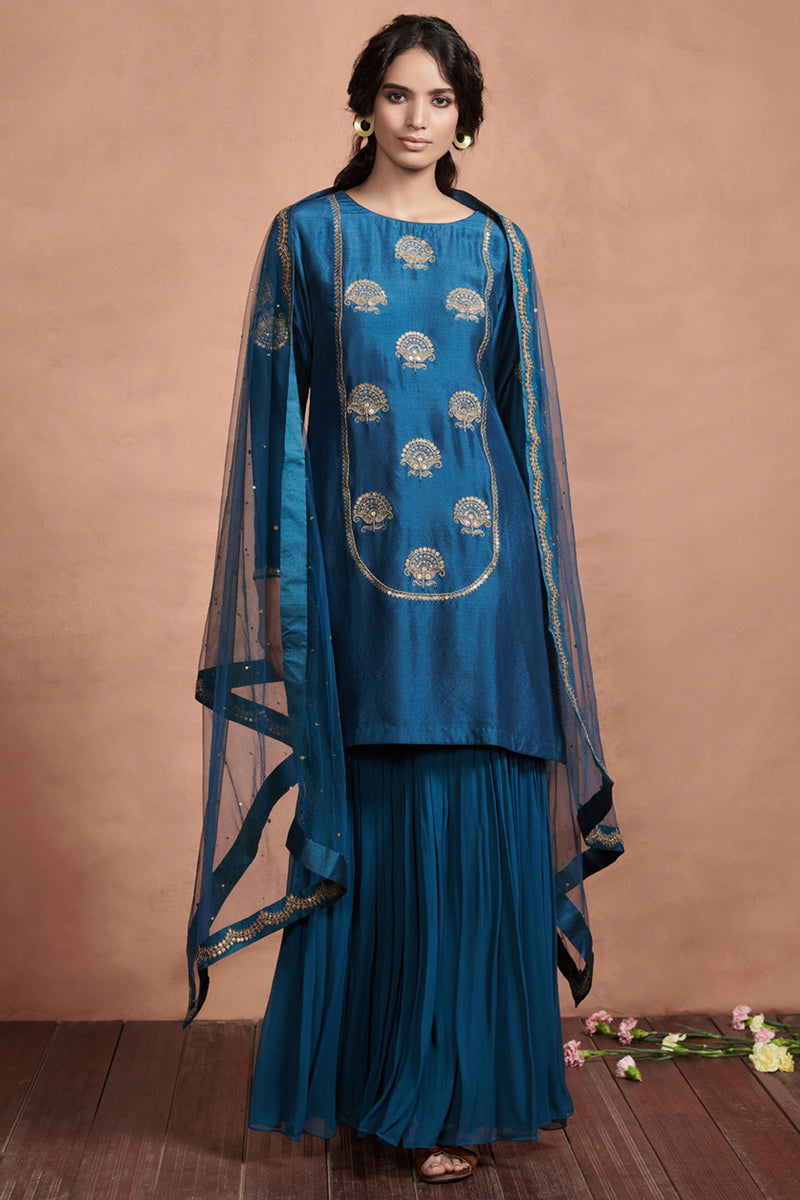 Dark Teal Marori Embroidery Kurta Set