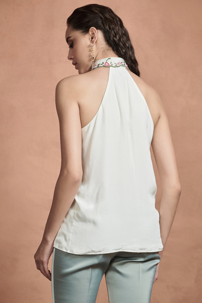 Pearl White Embroided Collar Top