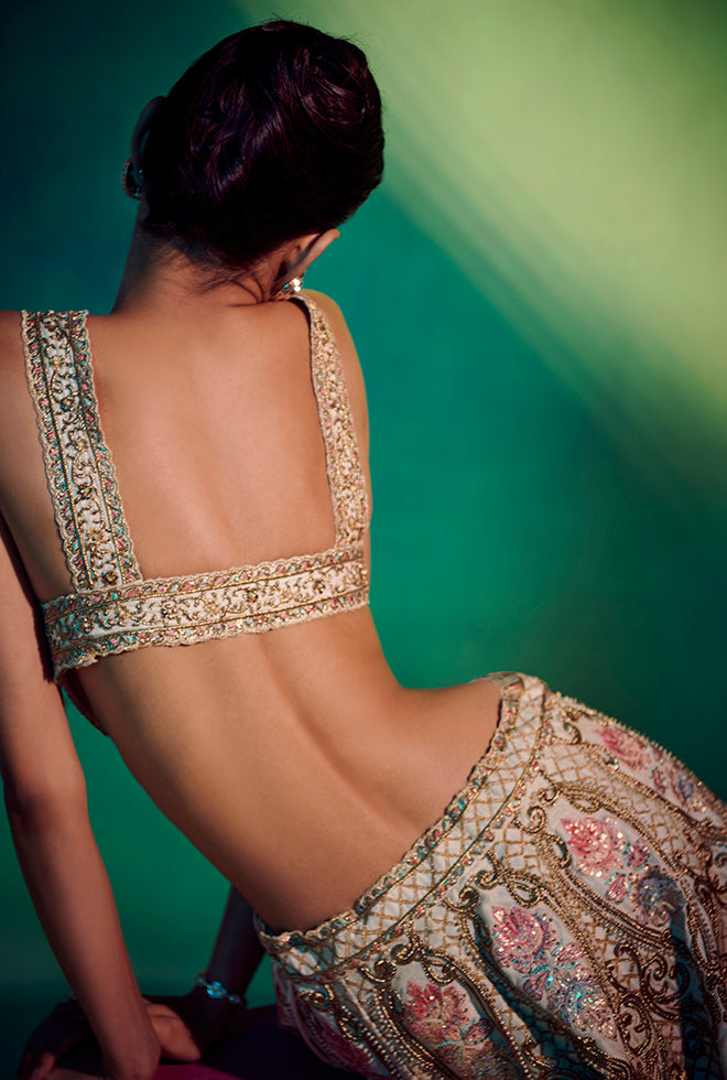 Adele ||  Pearl white and gold hand embroidered  lehenga