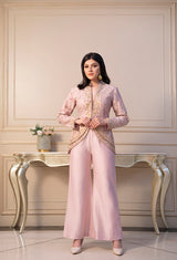 Pink embroidered short jacket and pant set