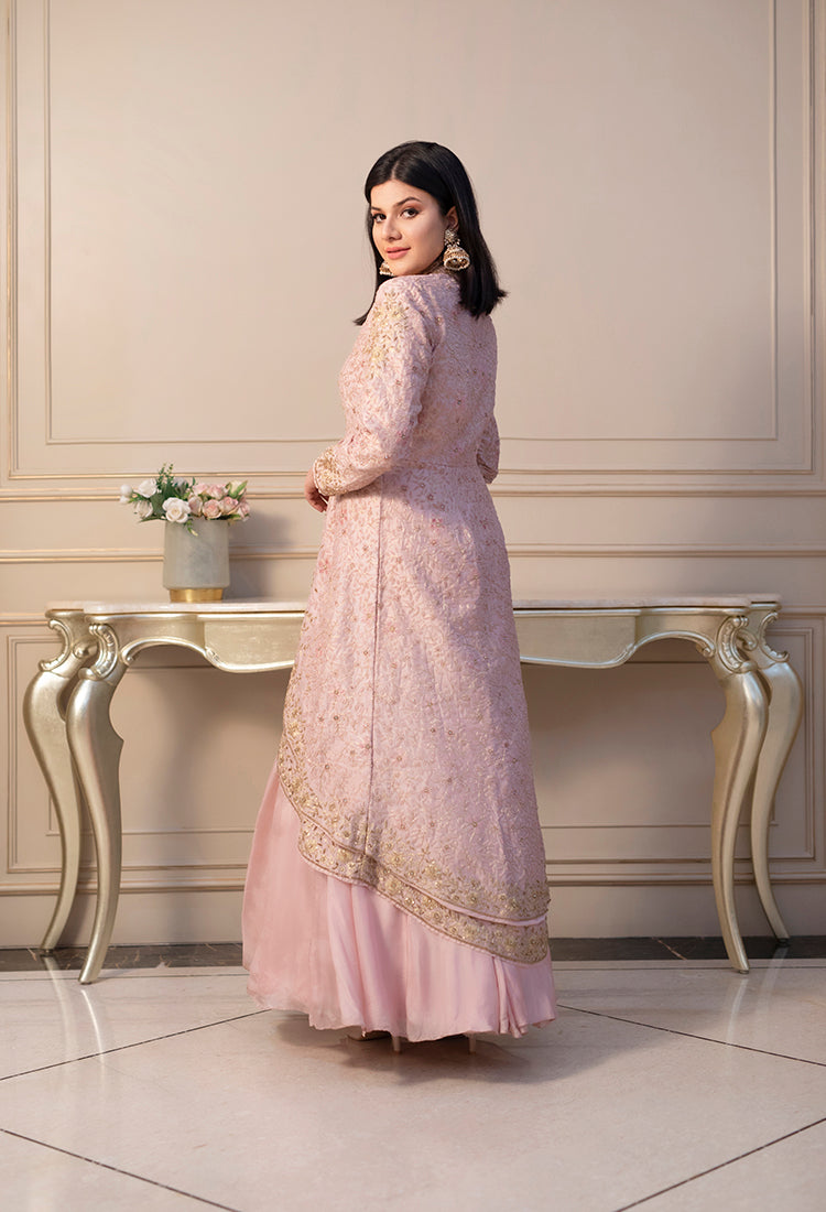 Pink embroidered long jacket with skirt