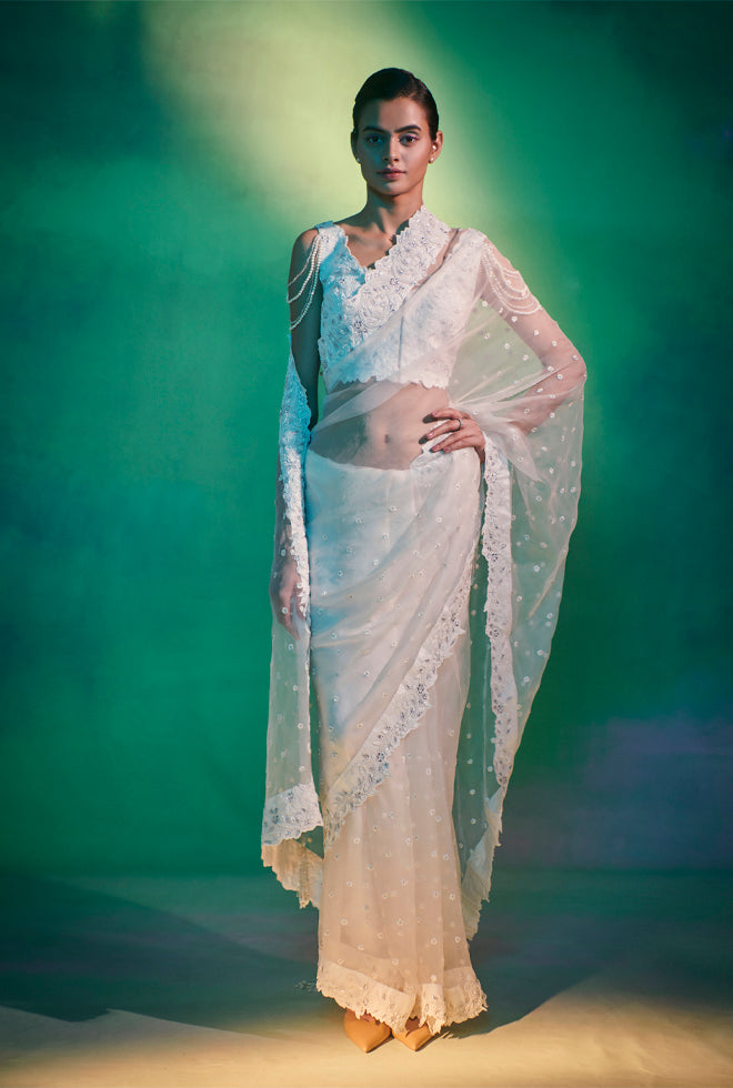 Selene || Daisy white organza saree with embroidered blouse