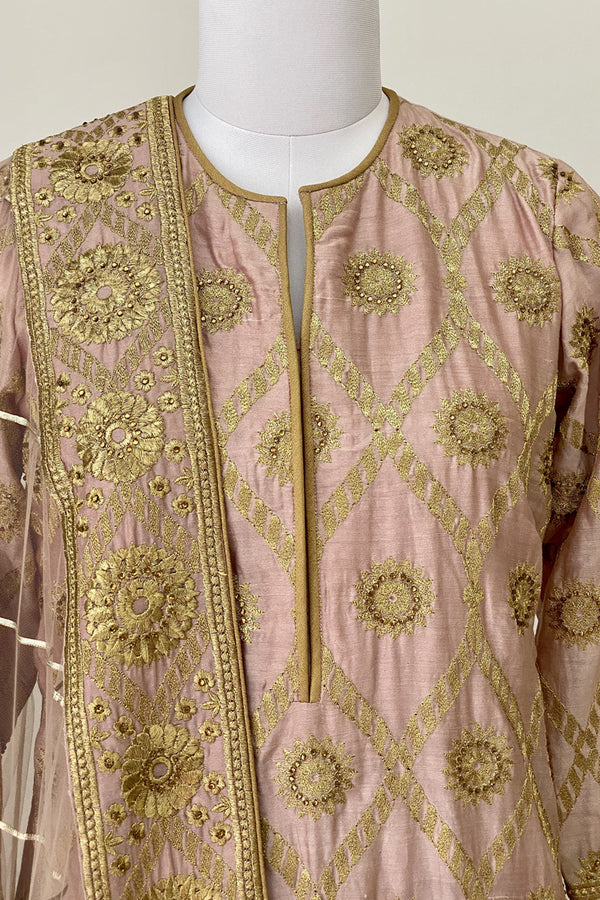 Salmon Pink Jaal Embroided Suit with Sharara and Dupatta