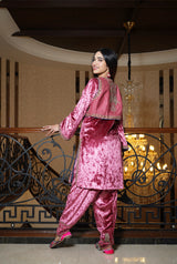Rouge pink embroidered velvet kurta and jacket set