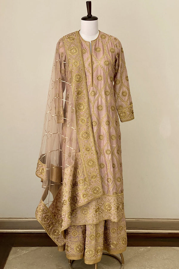 Salmon Pink Jaal Embroided Suit with Sharara and Dupatta