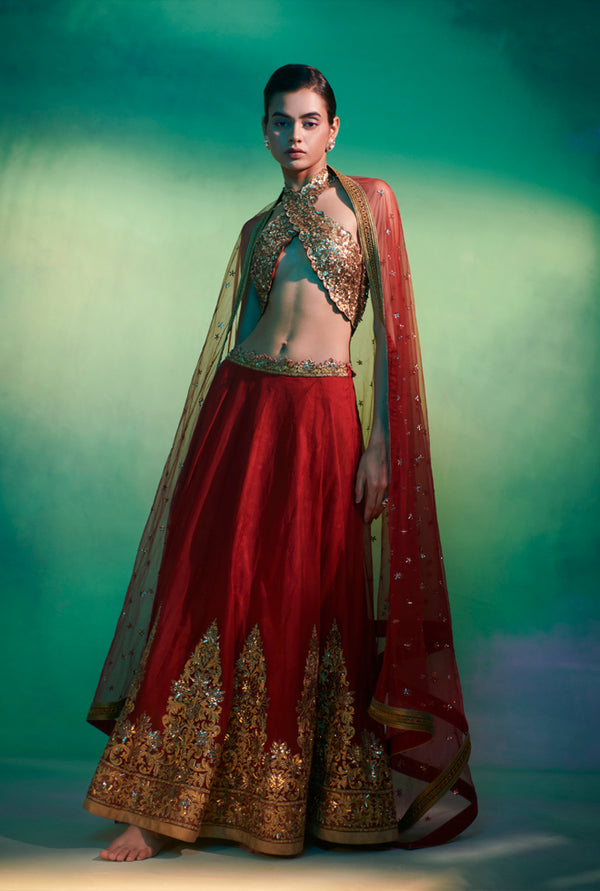 Elle || Garnet red lehenga set with sequined blouse