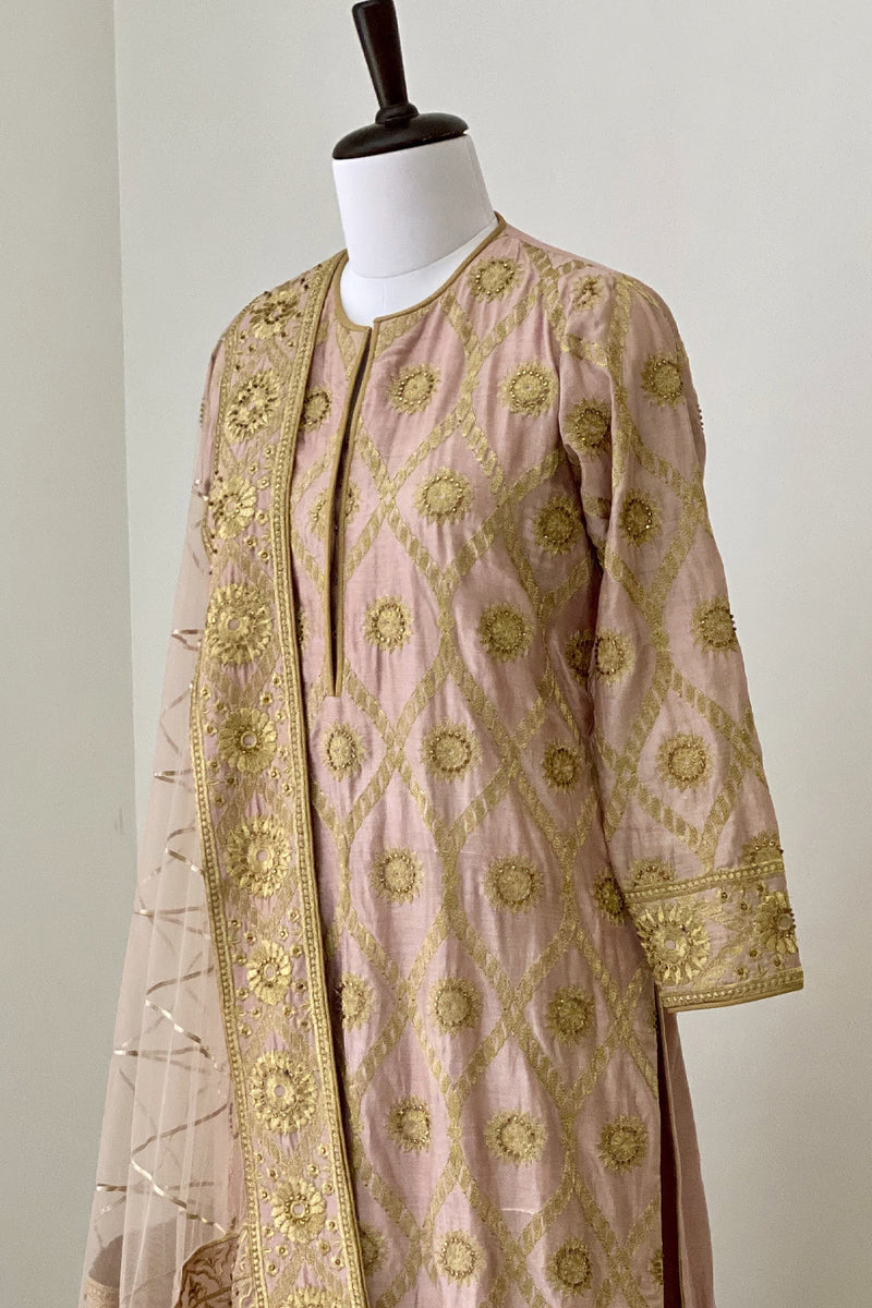 Salmon Pink Jaal Embroided Suit with Sharara and Dupatta