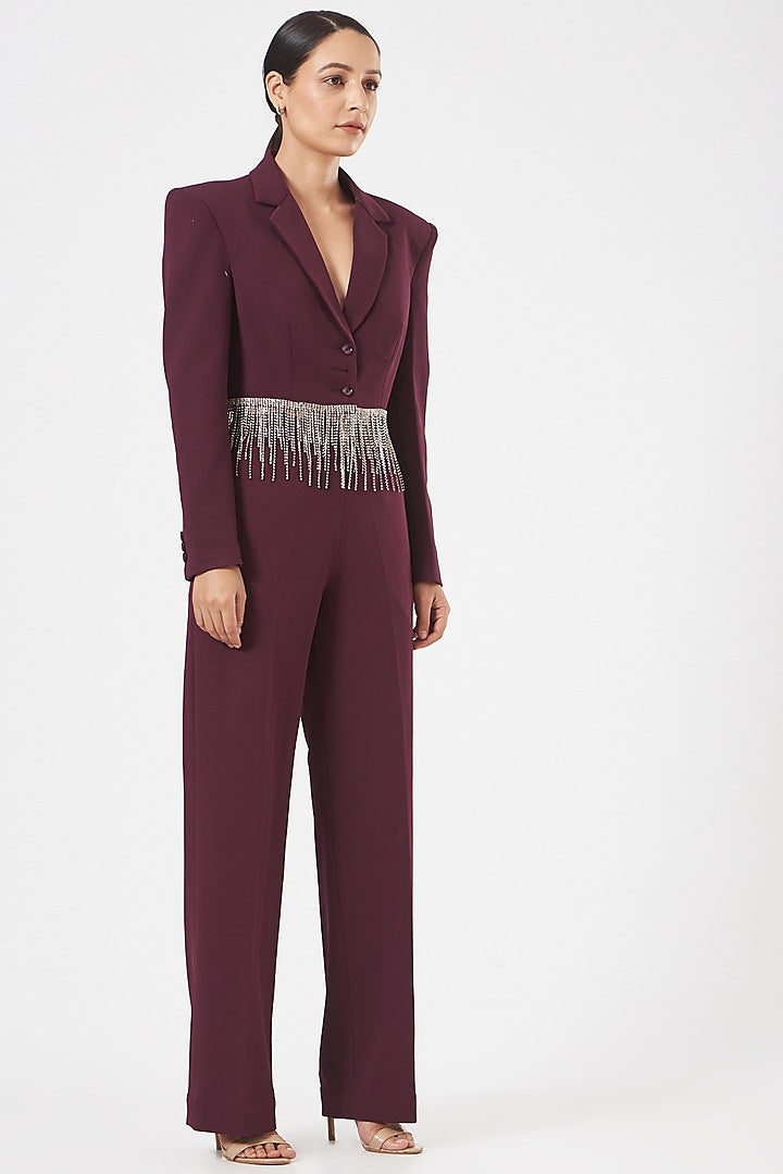 MAROON EMBROIDERED CROPPED BLAZER SET