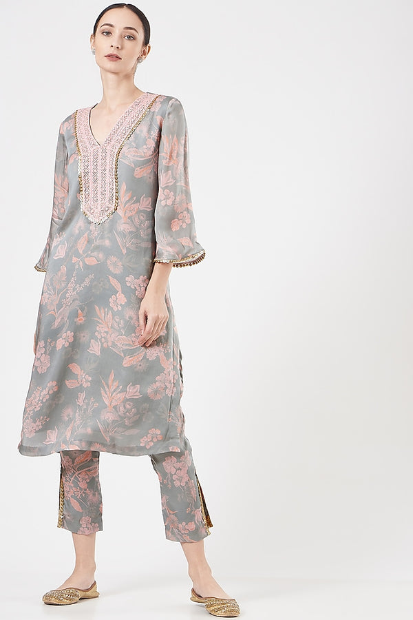 GREY PRINTED KURTA SET