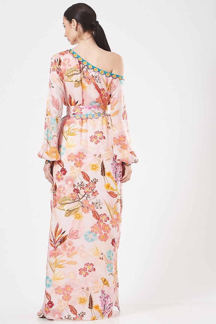 BLUSH PINK PRINTED ONE -SHOULDER MAXI DRESS
