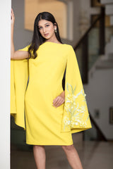 Lemon yellow cape sleeve long dress