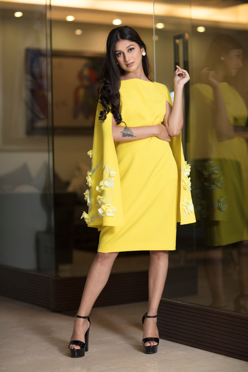 Lemon yellow cape sleeve long dress