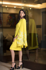 Lemon yellow cape sleeve long dress