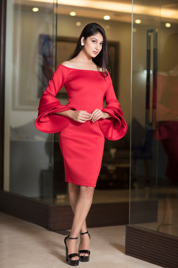 Bright Red Scuba Dress with bell sleeves
