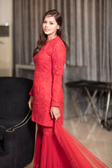 Jester red heavy embroidery sharara suit with short shirt