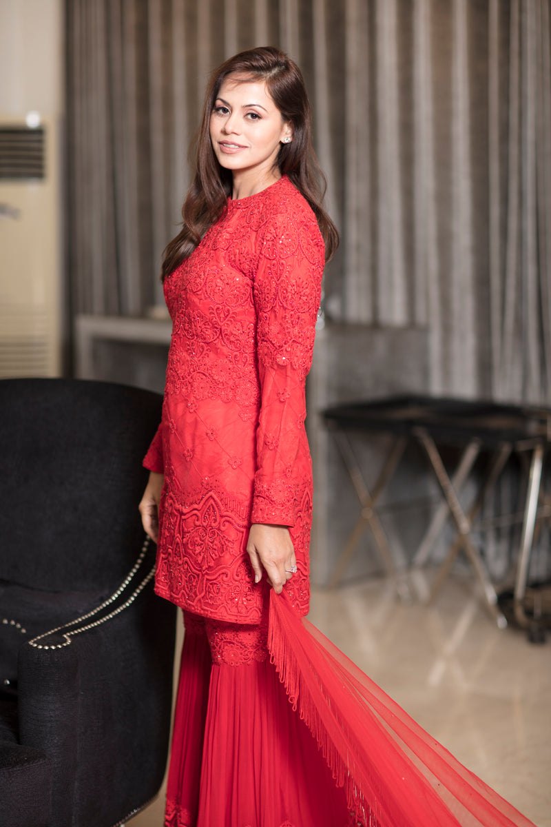 Jester red heavy embroidery sharara suit with short shirt