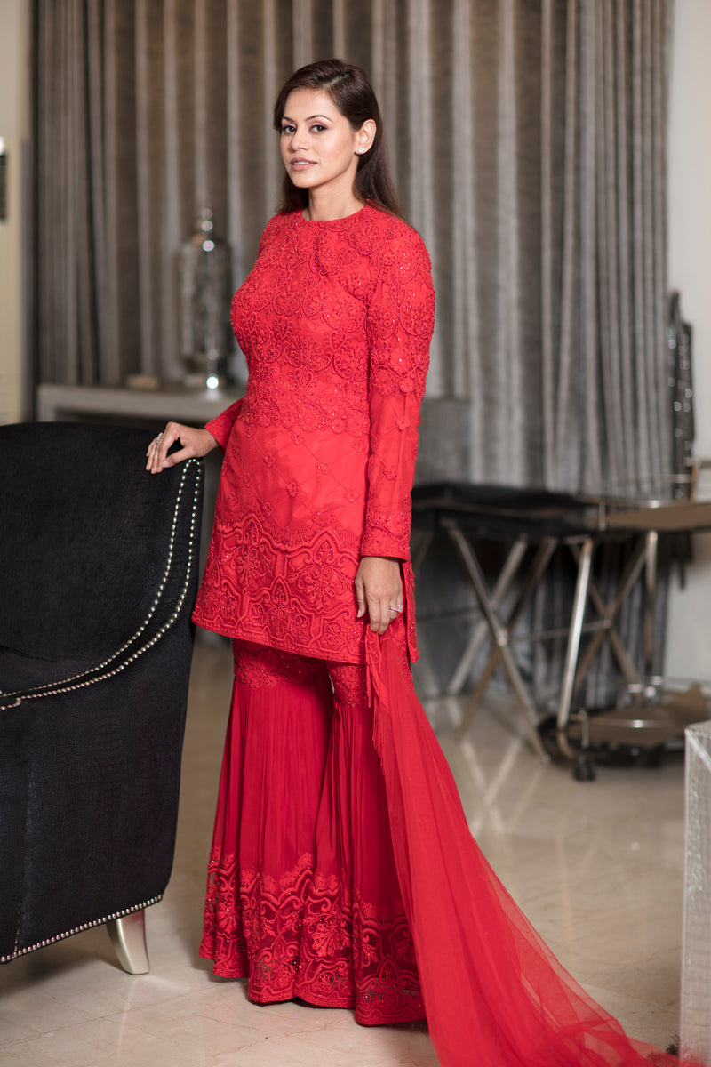 Jester red heavy embroidery sharara suit with short shirt
