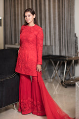 Jester red heavy embroidery sharara suit with short shirt