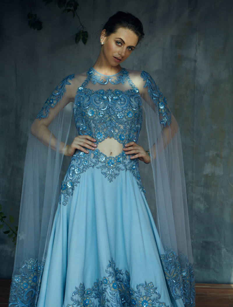 Powder Blue heavy embroidery cocktail gown with trail