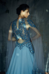 Powder Blue heavy embroidery cocktail gown with trail