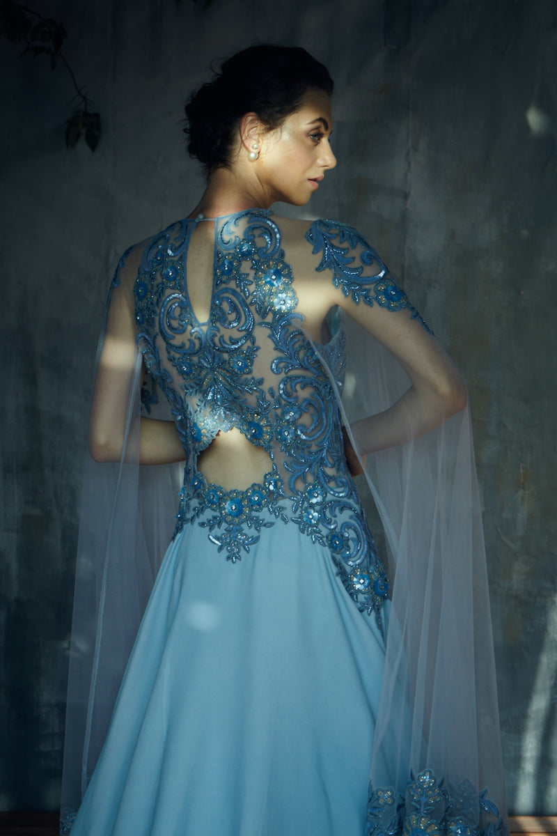 Navy Blue Rayon Designer Gown with Organza Dupatta - PrazuFashion - 3673188