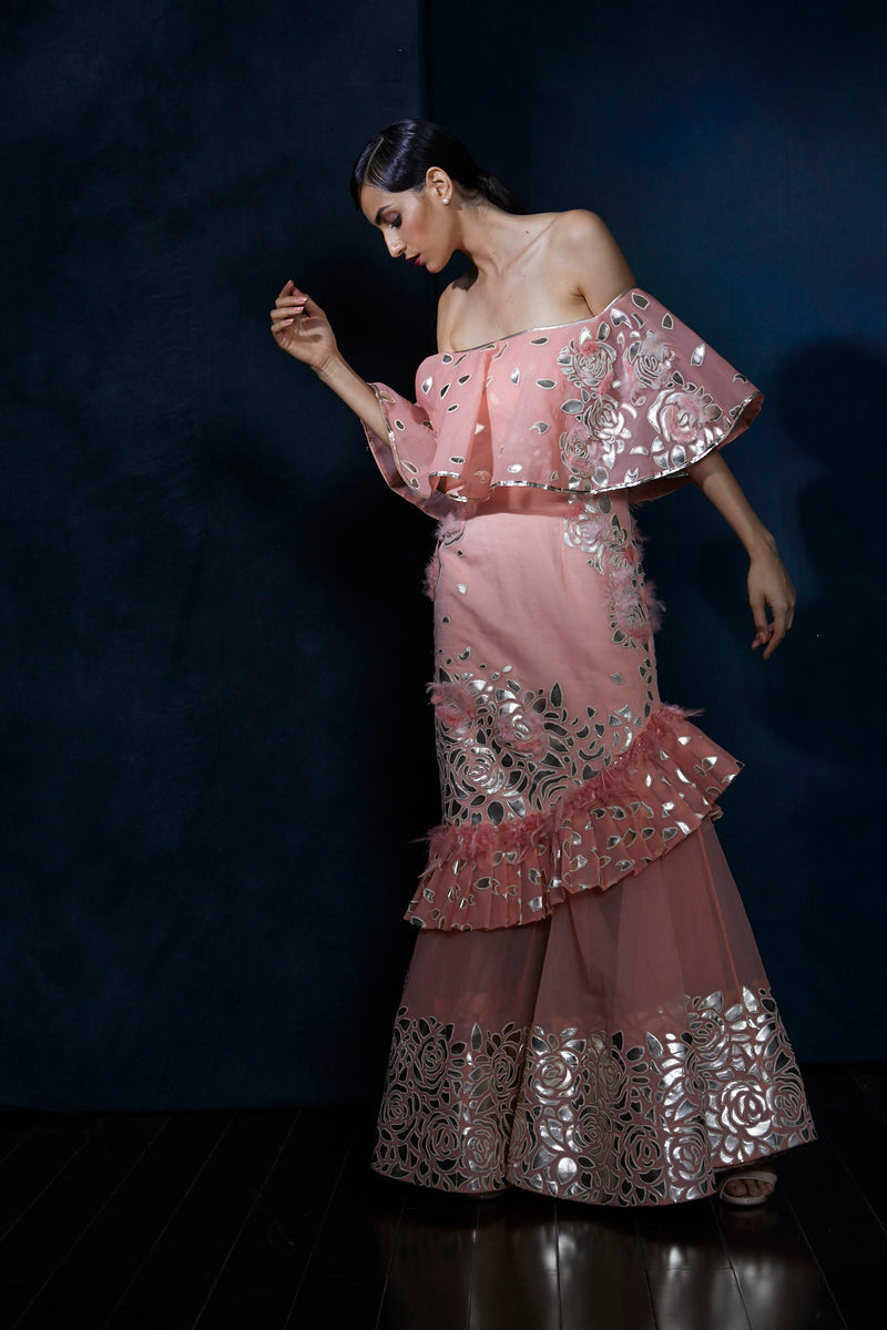 Rose pink handcut leather embroidery gown