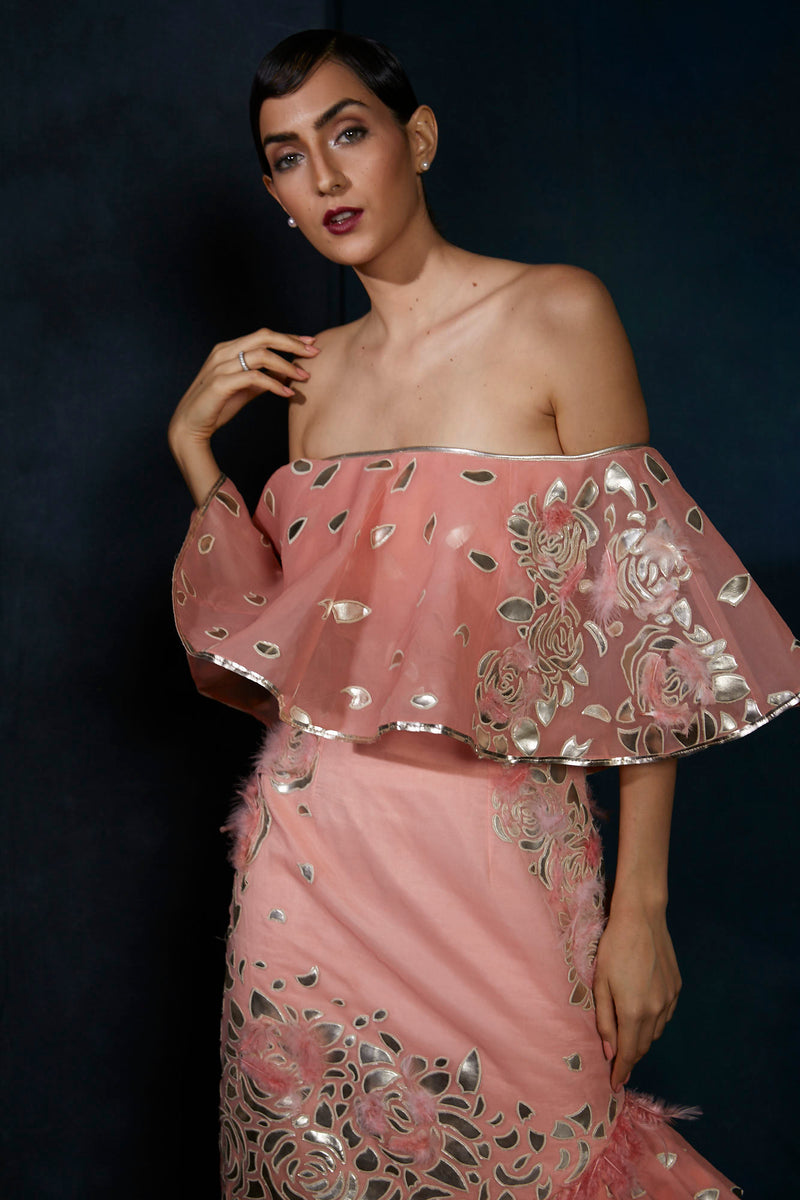 Rose pink handcut leather embroidery gown