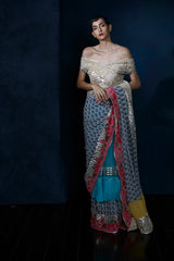 Digital print saree with embroidery and leather work