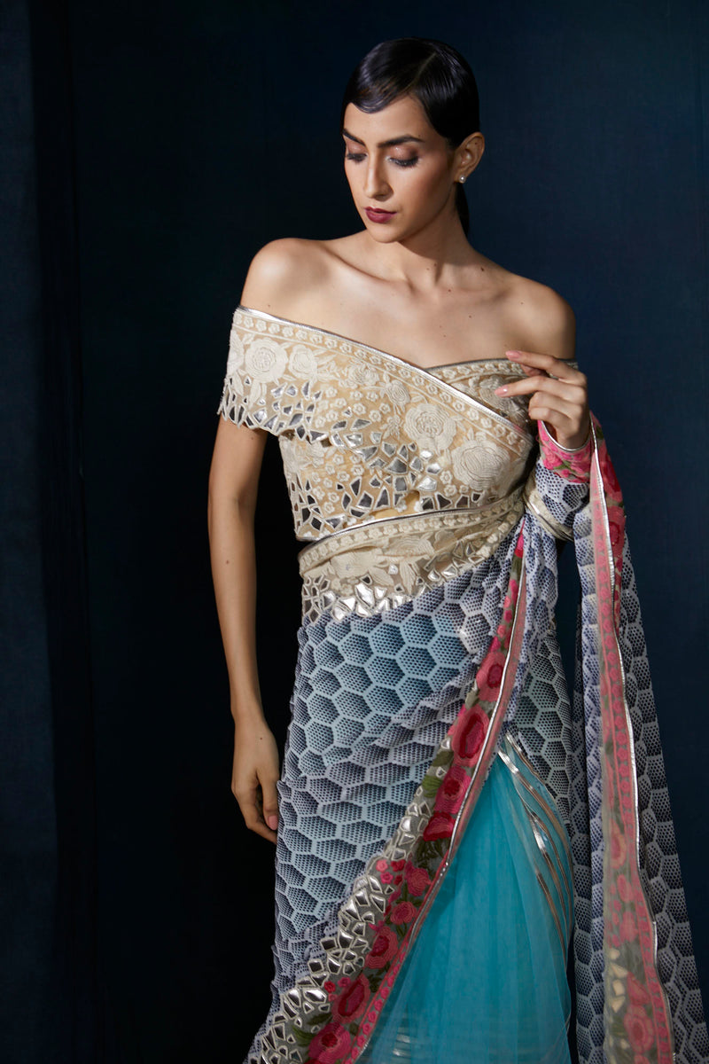 Digital print saree with embroidery and leather work