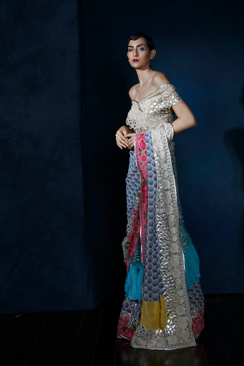 Digital print saree with embroidery and leather work