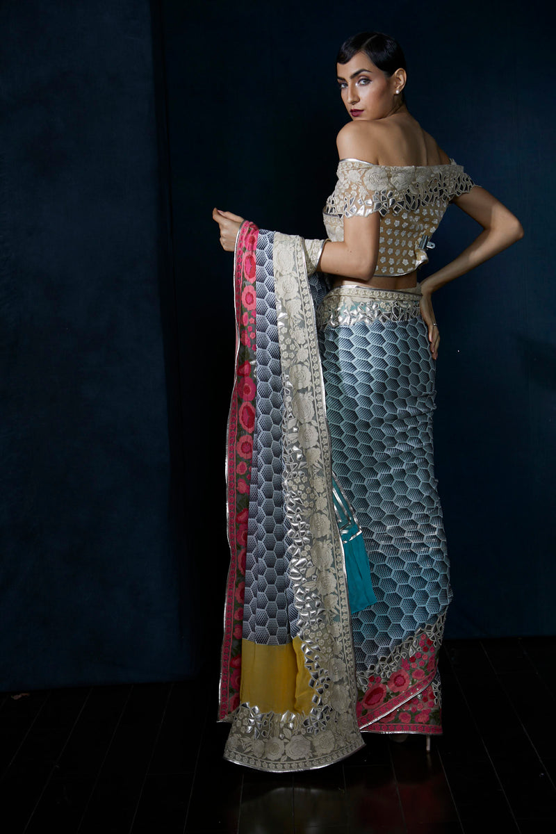 Digital print saree with embroidery and leather work