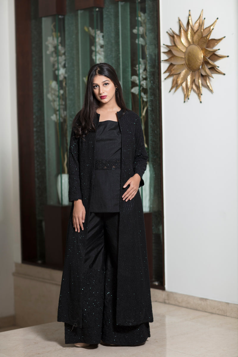 Heavy embroidery Black long jacket with top & pants