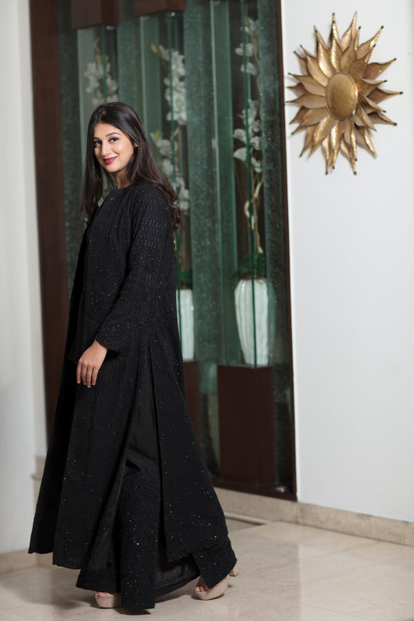 Heavy embroidery Black long jacket with top & pants