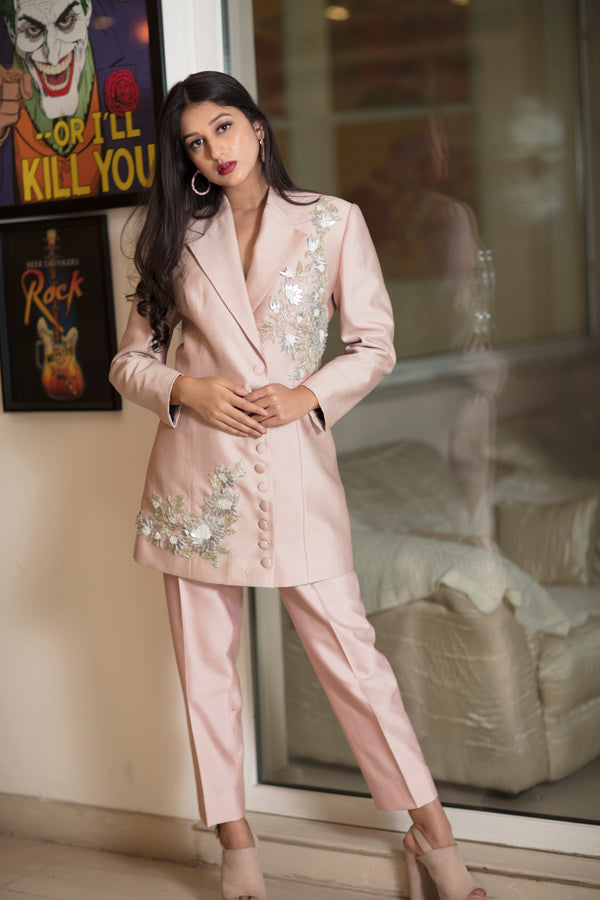 Blush Pink pant suit with embroidery