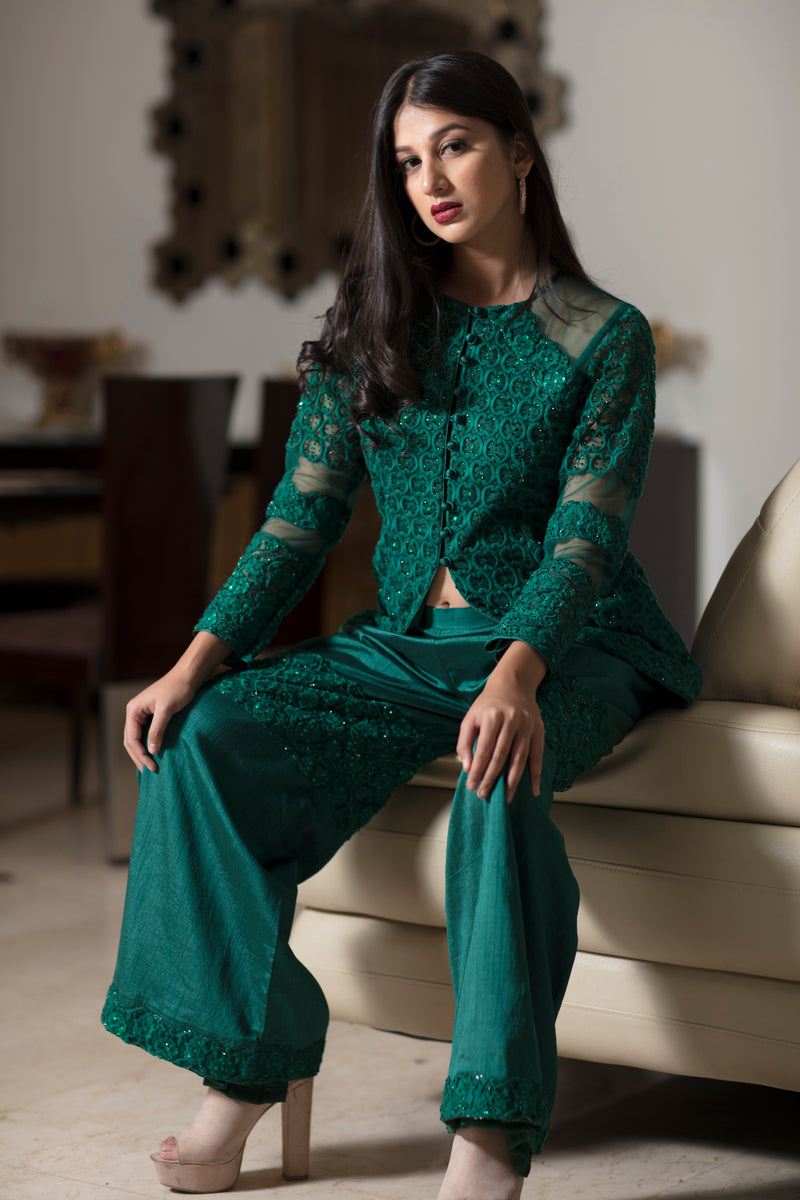 Emerald green drape jacket with pants