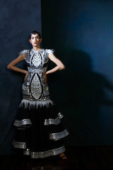 Black & silver handcut leather embroidery evening gown