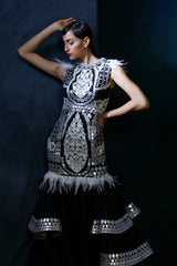 Black & silver handcut leather embroidery evening gown