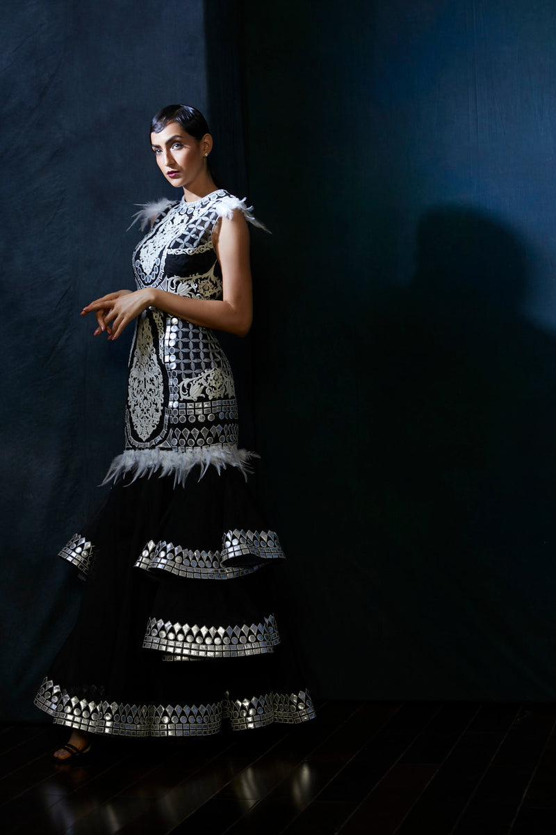 Black & silver handcut leather embroidery evening gown