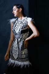 Black & silver handcut leather embroidery evening gown