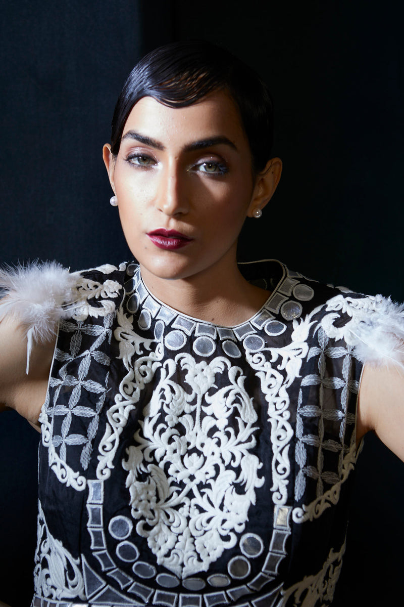 Black & silver handcut leather embroidery evening gown