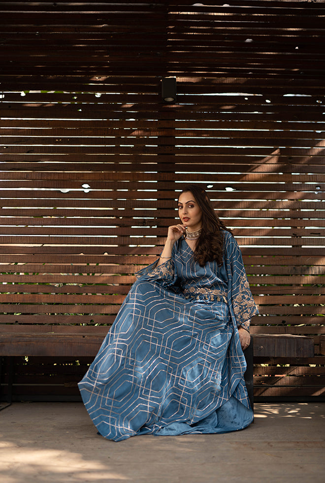 Blue embroidered full sleeve kaftan