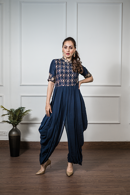 Navy embroidered draped jumpsuit