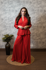 Red embroidered jacket and pants set