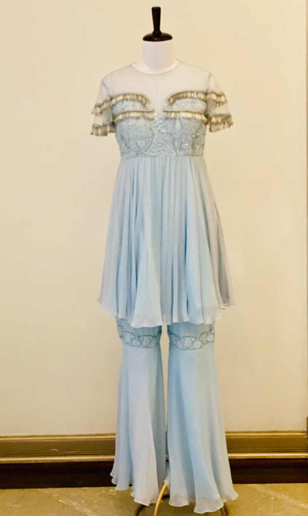 Powder Blue Gharara Suit with tassels and Palazzos