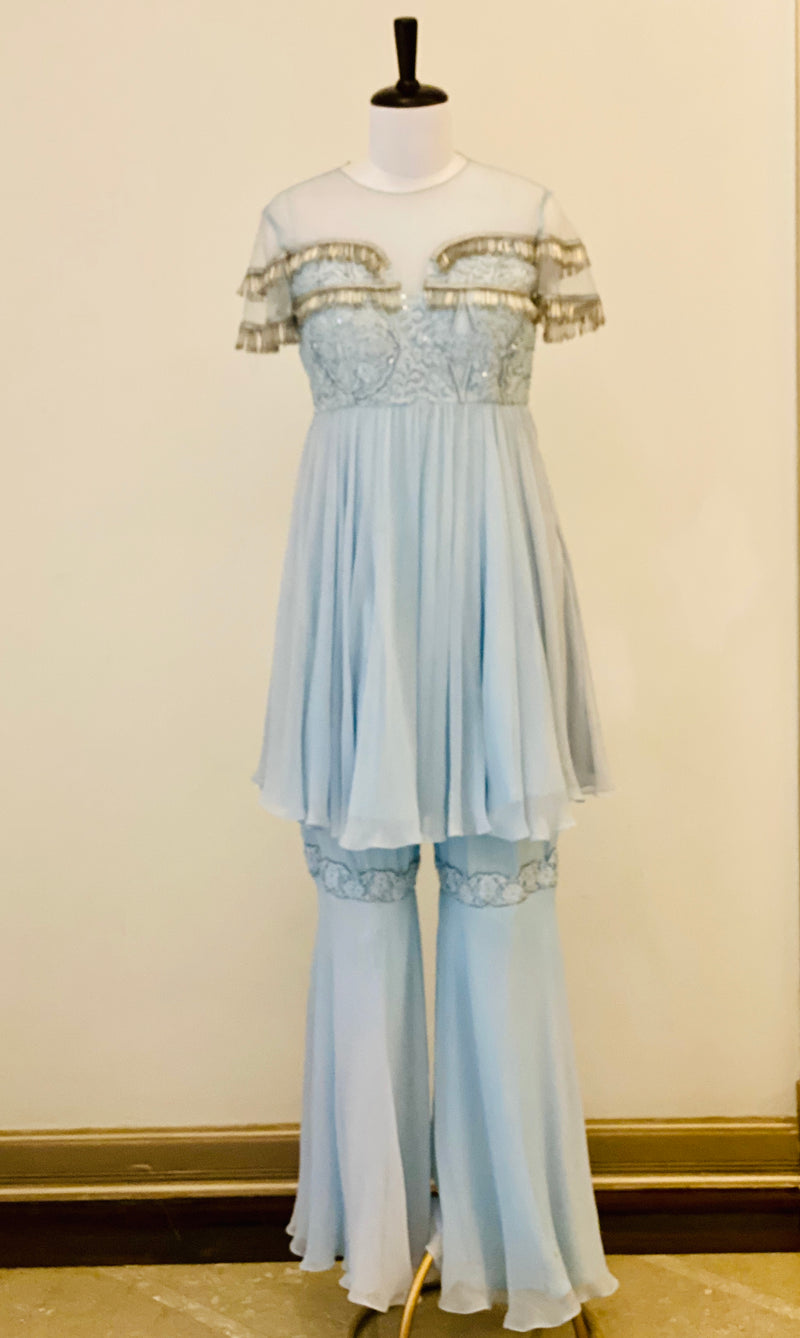 Powder Blue Gharara Suit with tassels and Palazzos