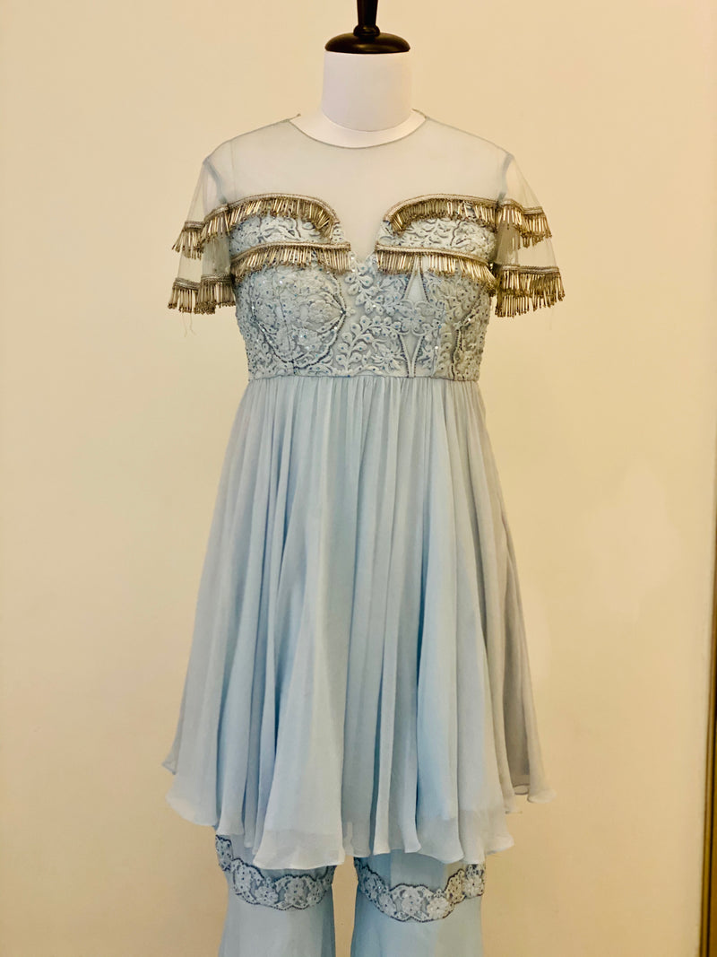 Powder Blue Gharara Suit with tassels and Palazzos