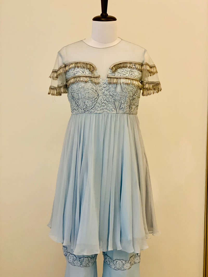 Powder Blue Gharara Suit with tassels and Palazzos
