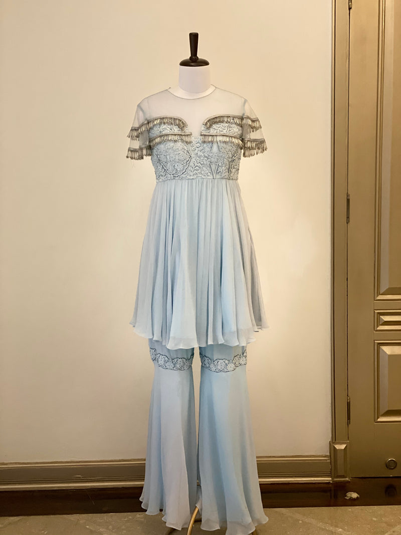 Powder Blue Gharara Suit with tassels and Palazzos