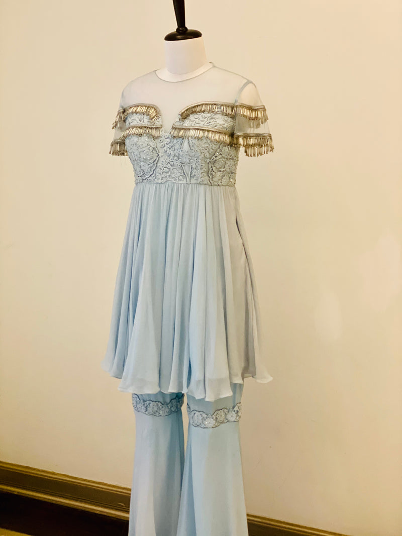 Powder Blue Gharara Suit with tassels and Palazzos