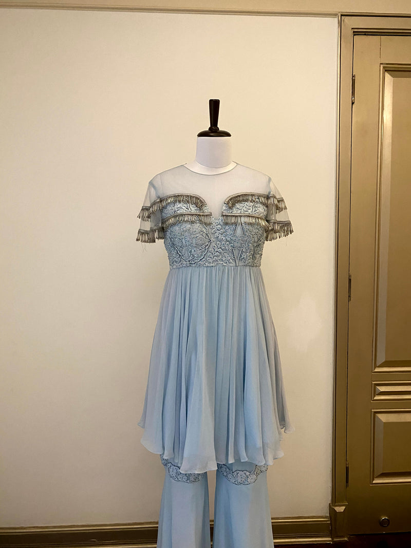 Powder Blue Gharara Suit with tassels and Palazzos